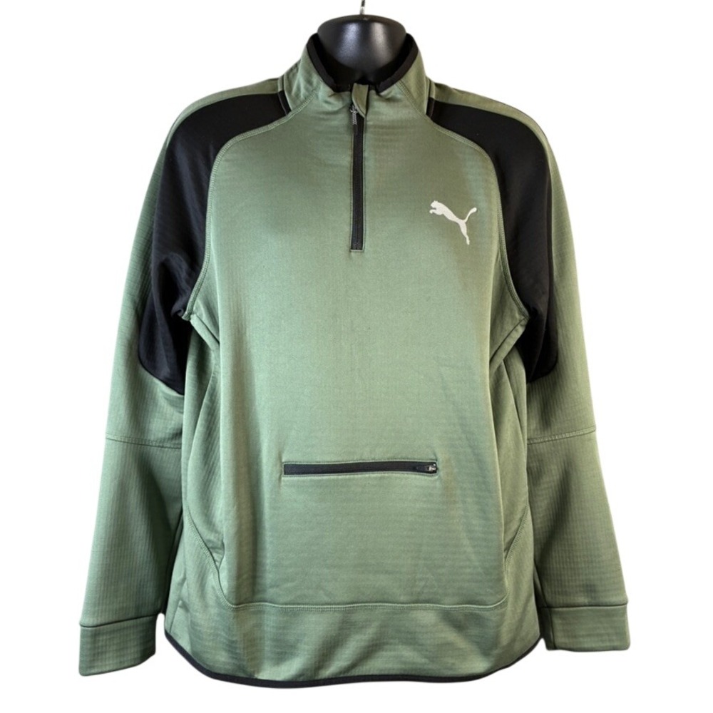 Puma Mens Quarter Zip Pullover Olive Green Black Waffle Knit Activewear Medium